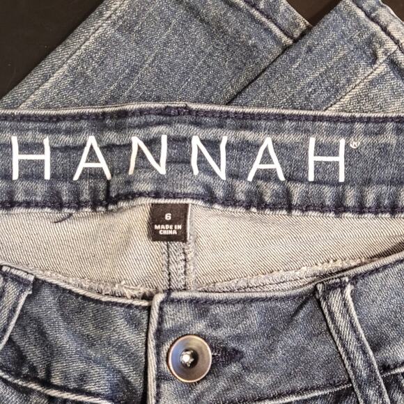 HANNAH Distressed Rhinestone Patch Jeans Sz 6 Mid Rise Straight Leg Blue Denim - Picture 7 of 12